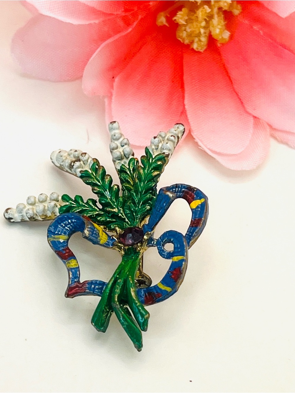 Vintage Christmas Enamel Floral Brooch with Multicolor Ribbon